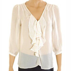 Zara Silk Organza Blouse Ruffle Front Sheer 3/4 Sleeve Cream Fairy Size L
